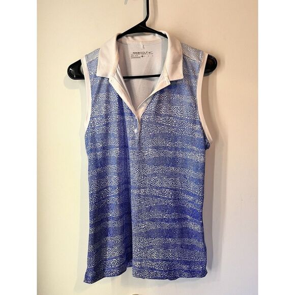 NIKE GOLF Dri-Fit Logo Women's Sleeveless‎ Checked Polo Shirt Medium Blue White - Picture 1 of 5